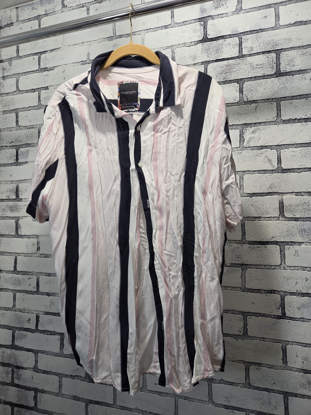 Striped Short Sleeve Button-Down Shirt in Pink & Black